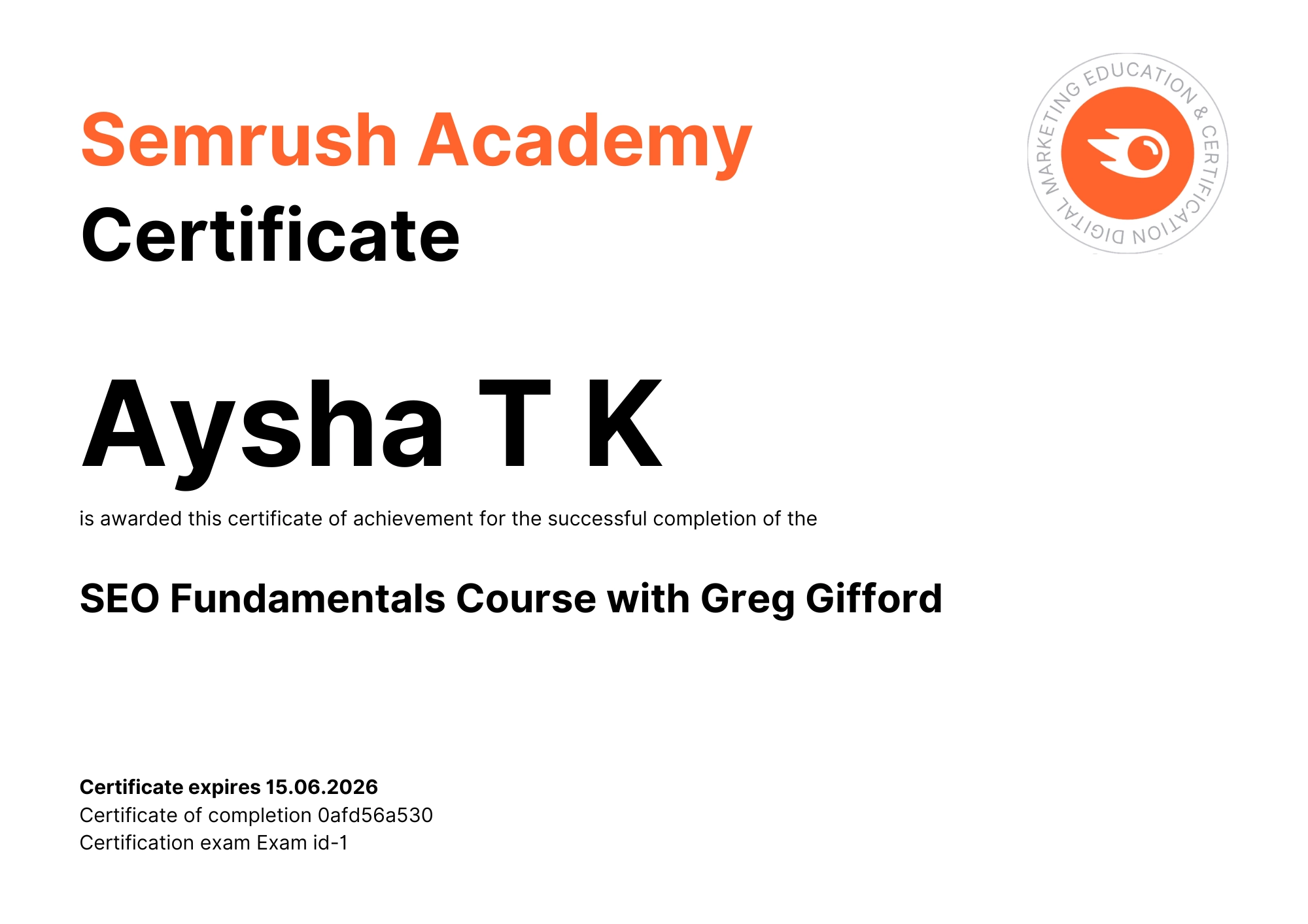 best-digital-marketing-freeelancer-in-dubai-Aysha-TK-semrush-certificate